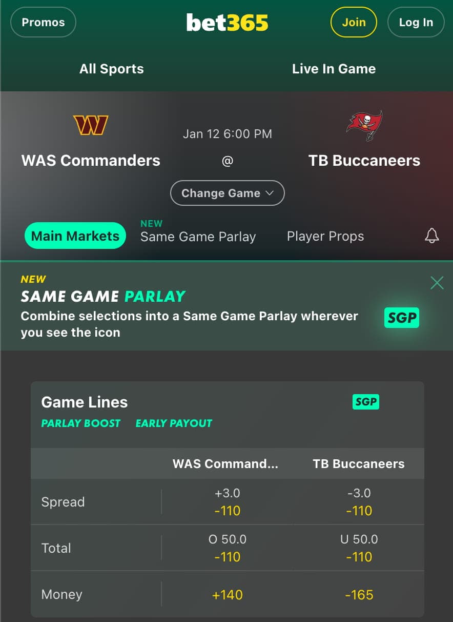 Bet365 Washington vs. Tampa Bay NFL Wild Card Round odds. 